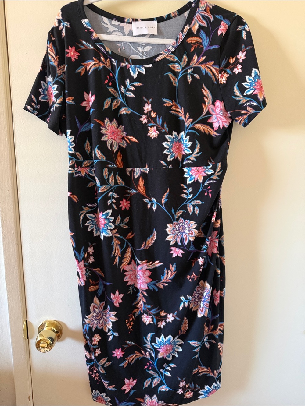French Grey Black Floral Midi Dress with Pink & Blue Blooms